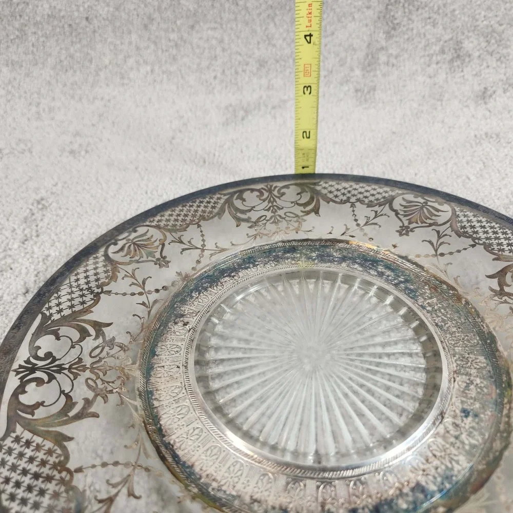 Vintage Silver Overlay‎ Glass Plate Clear Floral Scroll Etched Sunburst